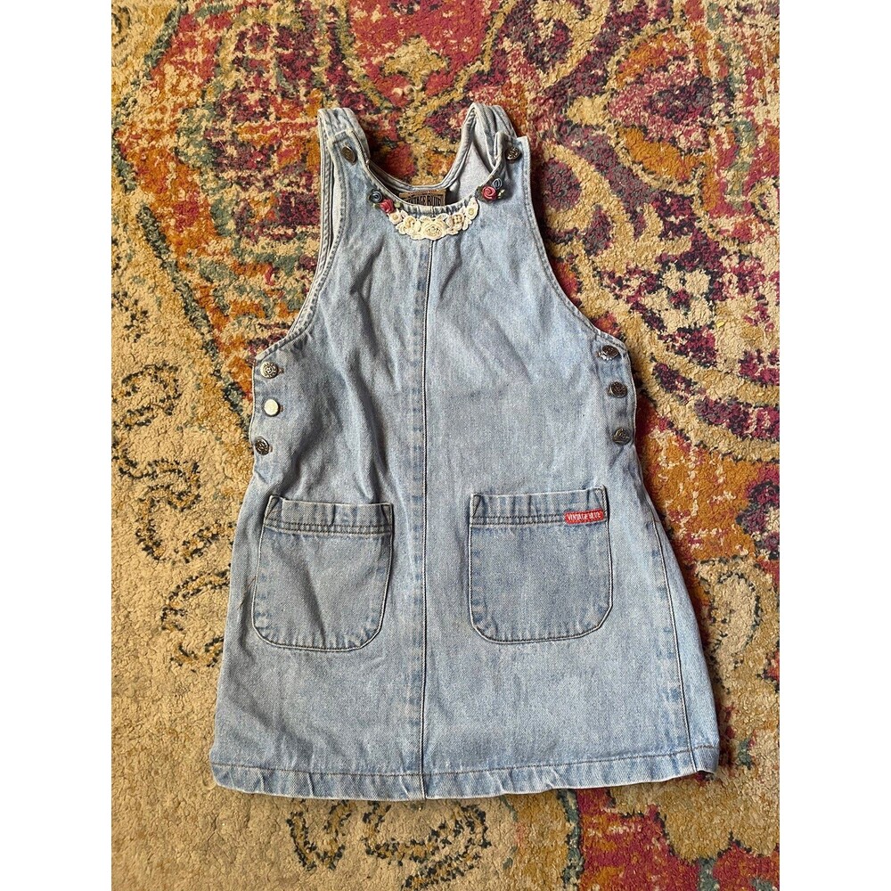 Vintage 90s Vintage Blue Denim Jumper Dress Size 6X Cottagecore Beaded Lace